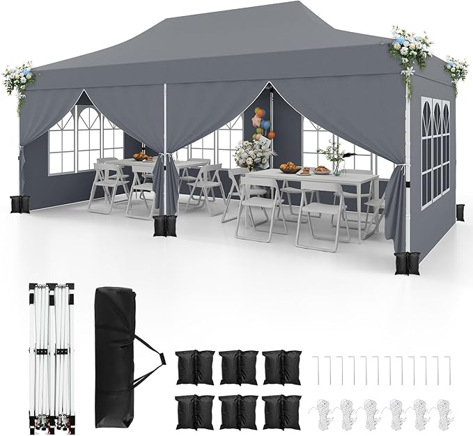 Tangkula 10x20 Ft Pop Up Canopy, UPF 50+ Portable Outdoor Canopy Tent with with 6 Removable Sidewalls, 6 Sandbags, 2 Zippered Door, Windows, Carrying Bag for Party, Wedding, Backyard