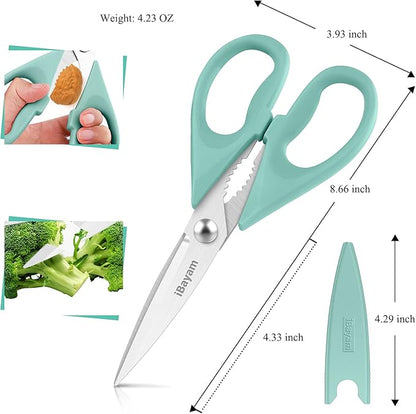 Kitchen Shears, iBayam Kitchen Scissors All Purpose Heavy Duty Meat Poultry Shears, Dishwasher Safe Food Cooking Stainless Steel Utility Scissors, Home Apartment Essentials, 2-Pack, Black, Aqua Sky