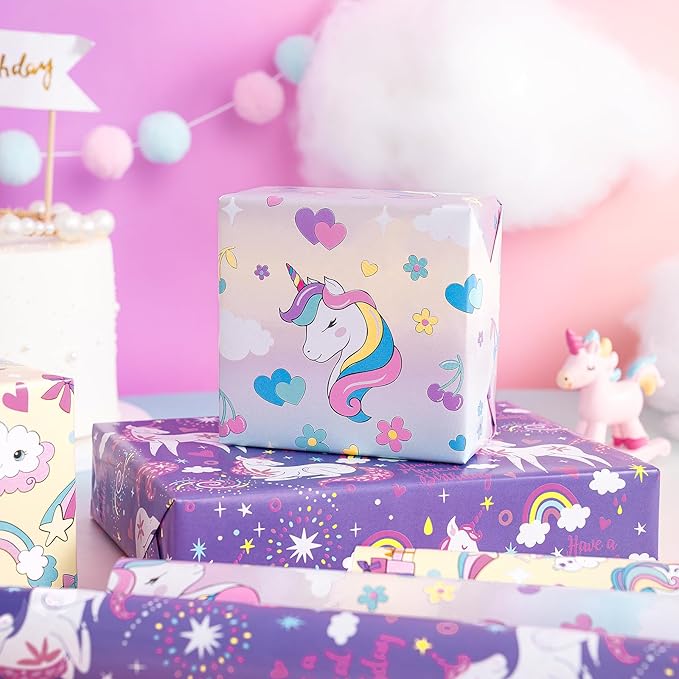 WRAPAHOLIC Unicorn Birthday Wrapping Paper Roll - 3 Short Roll - Rainbow Unicorn Wrapping Paper for Kids Boys Girls Birthday, Baby Shower - 17 Inch x 120 Inch Per roll