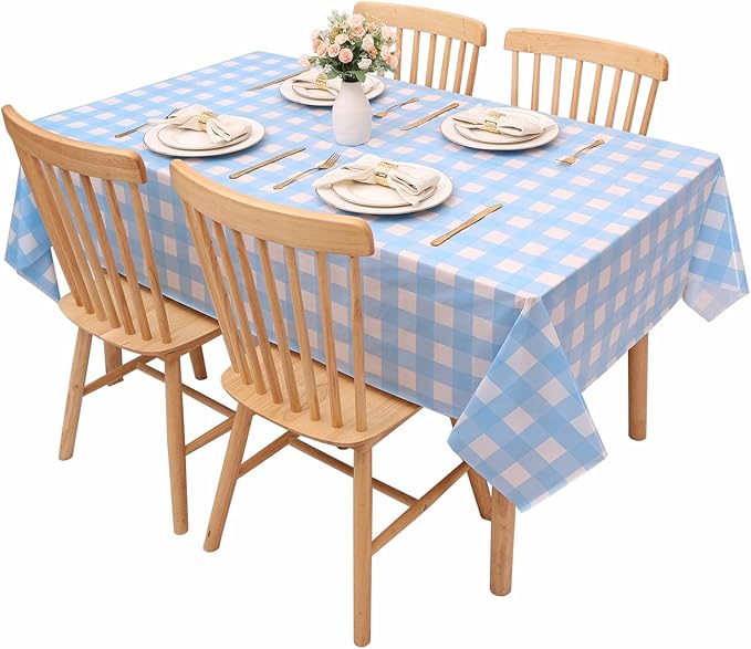 Kesfey 12 Packs Light Blue Gingham Tablecloth Pale Blue and White Checkered Tablecloths 54 x 108 Inch Disposable Plastic Gingham Tablecovers Waterproof Rectangle Picnic Table Cover for Birthday Party