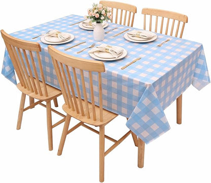 Kesfey 12 Packs Light Blue Gingham Tablecloth Pale Blue and White Checkered Tablecloths 54 x 108 Inch Disposable Plastic Gingham Tablecovers Waterproof Rectangle Picnic Table Cover for Birthday Party