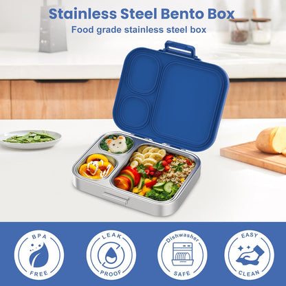 Stainless Steel Bento Lunch Box for Kids | 3-Compartment Lunch Box Container Kids | 100% Leakproof, Dishwasher-Safe, Eco-Friendly, Perfect Portion Control for Kids&Adult Healthy Meals (Blue)