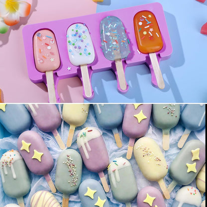 Ouddy Life Popsicle Molds Set of 2, Ice Pop Molds Silicone 4 Cavities Ice Cream Mold Oval Cake Pop Mold with 50 Wooden Sticks for DIY Popsicle