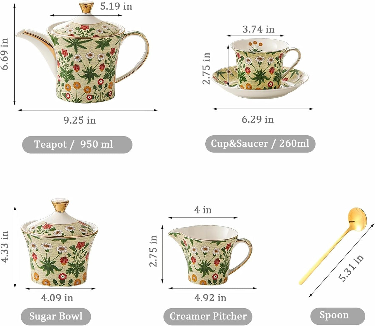ACMLIFE Tea Set for Adults- Fine China Tea Set for 6, 21-Piece Vintage Coffee Set English Porcelain Tea Pot Sets for Adult Tea Party for Women Gift (Yellow ZF, Extra Large 21)