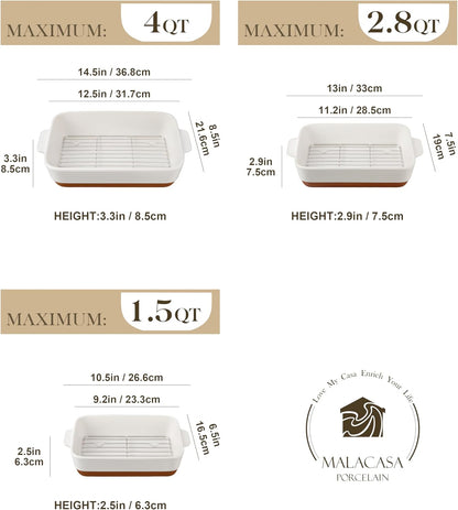 MALACASA Casserole Dishes for Oven with Roasting Racks, Ceramic Baking Dishes Set of 3, Baking Pan Casserole Dish Set, Rectangular Lasagna Pan Deep with Handles for Baking, Khaki White (14.5''/13''/10.5''), Series TARA
