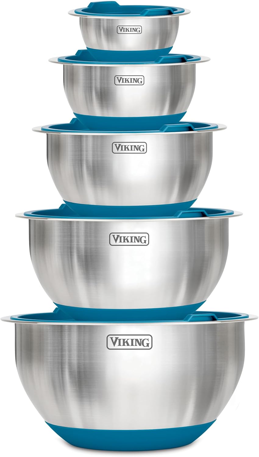 Viking Mixing Bowls Set, 10 Piece Stainless Steel Kitchen Cookware, Non-Slip Silicone Base, Includes Airtight Lids, Dishwasher Safe, Blue