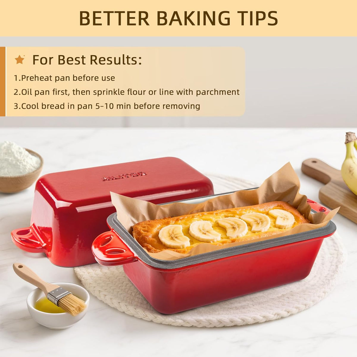 9x5 Enameled Cast Iron Loaf Pan with Lid - 2 in 1 Homemade Sourdough Bread Baking Pan