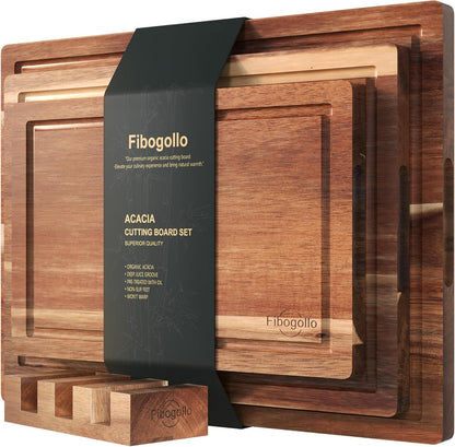 Acacia Wood Cutting Boards for Kitchen(Set of 3),Wooden Chopping Boards Set with Juice Groove, Large Serving Board with Holder,Butcher Block for Meat