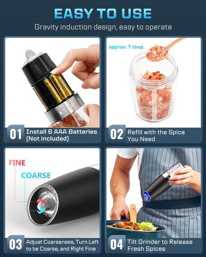 XinXu Gravity Electric Pepper and Salt Grinder Set, Adjustable Coarseness, with LED Light, One Hand Automatic Operation (Set/Black L)