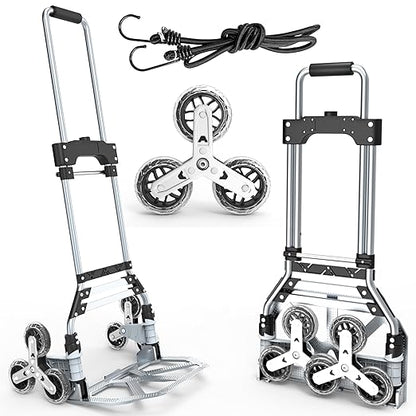 Stair Climbing Cart, 220 LBS Aluminum Stair Climber Dolly, Heavy Duty Folding Hand Truck Dolly with 6 Wheels, Telescoping Handle and Elastic Rope for Home, Moving, Groceries, Warehouse