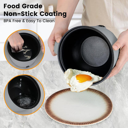 Hot Pot Electric With Steamer,Rapid Ramen Cooker,1.8L Mini Portable Self Heating Electric Pot For Cooking Noodles Steak Pasta,Shabu Shabu Hotpot Pot Electric Dorm Lazy Pot,Non-Stick Gray