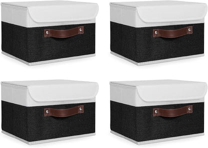 ANMINY 4PCS Storage Boxes with Lid Washable Decorative Storage Bins Basket with PU Leather Handle Foldable Linen Fabric Storage Cubes Containers for Home Closet Organizer - Black White, Small Size