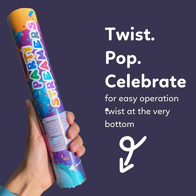 No Mess Streamer Confetti Cannon Party Poppers | 6 Pack | Multicolor Streamers | Glitter Bomb Confetti Shooters | Decoration for Birthday, Wedding | Launches 25 ft | 12 inch | TUR Party Supplies
