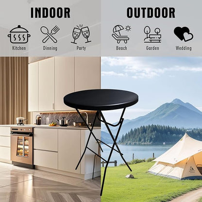 32in Cocktail Table, Folding Round High Top Indoor Outdoor Use, Foldable Bar Height Table for Parties and Commercial Events (Black, 2 Pcs)