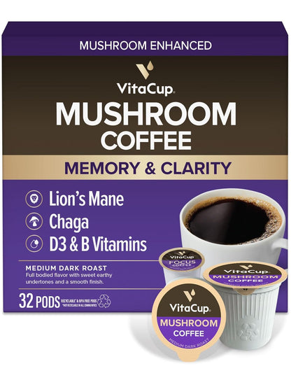 VitaCup Mushroom Medium Roast Coffee Pods, with Lions Mane, 32ct