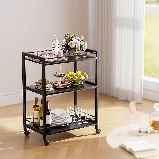 HITNET Bar Cart Black, Serving Cart for Home, 3 Tier Drinks Cart with Wheels, Rolling Beverage Cart for Kitchen Dining Living Room