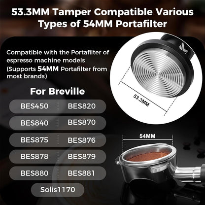 IKAPE 53.3MM V6 Impact Espresso Tamper with Sound Feedback, 15lb/30lb Interchangeable Springs, Espresso Low-Profile Tamper with Triple-spring System, Fits 54mm portafilters
