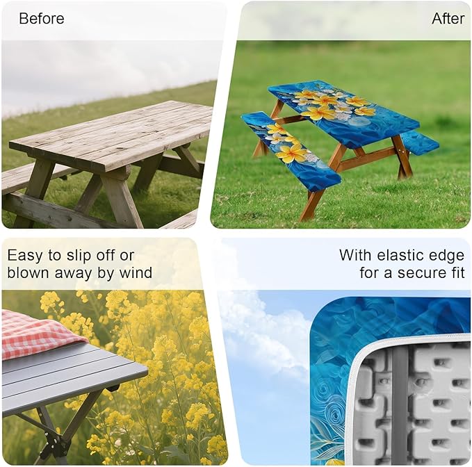 ANNA QUEEN 6FT Yellow Flowers Spring Picnic Table Cover with Bench Covers Picnic Table Cover Set 3PCS 72"x30", Outdoor Bench and Tablecloth Furniture Protection