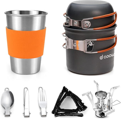 Odoland Camping Cookware Stove Carabiner Canister Stand Tripod and Stainless Steel Cup, Tank Bracket, Fork Spoon Kit for Backpacking, Outdoor Camping Hiking and Picnic