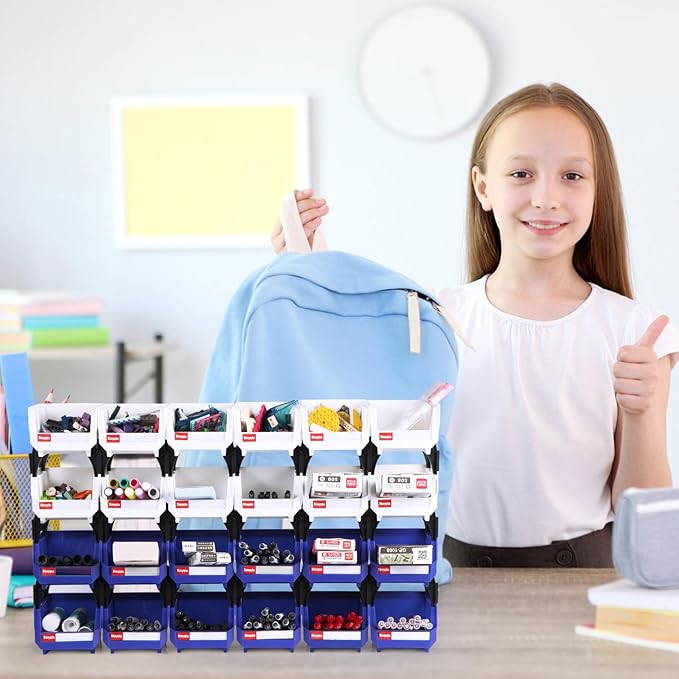 Plastic Storage Bins 24 Packs, Space-Saving Stackable Parts Bins for Garage,Tools, Small Parts Organization Bin-5x4x3 Inch (Blue & White)