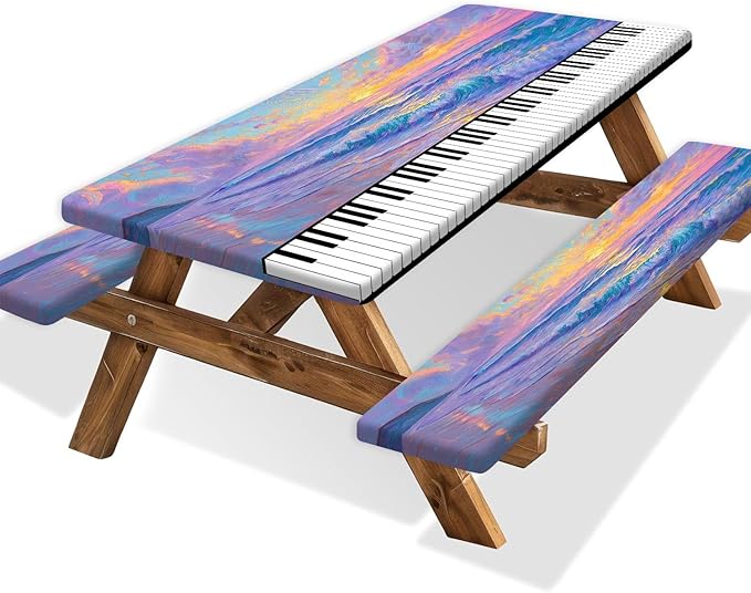 Piano Keyboard Picnic Table Cover with Bench Covers, Camping Essentials, Beach Seaside Sunset Purple Waterproof Windproof, Fitted Tablecloth Cover with Elastic Edge for Outdoor Garden 3 PCS 30x72 Inch