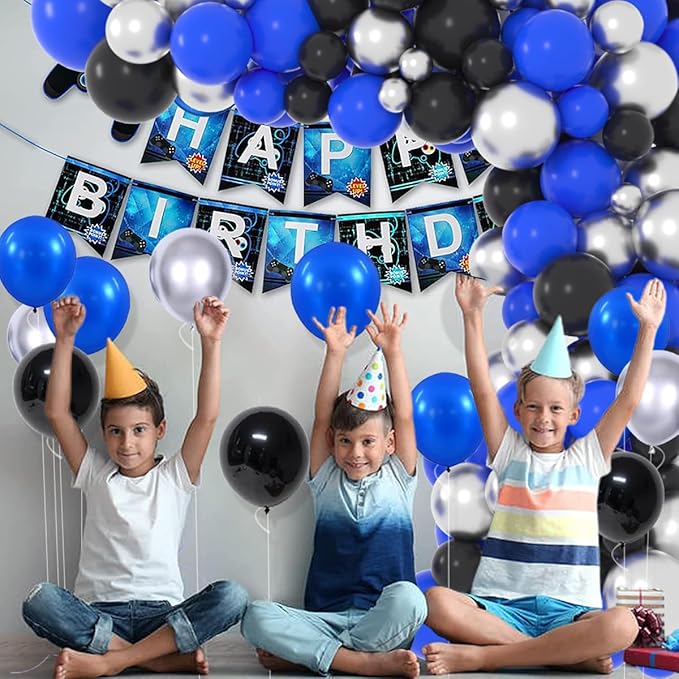 Blue Black Silver Balloon Garland Arch Kit - Royal Blue and Black Balloon Silver Balloons for Boy 21th 30th 40th Birthday Retirement Graduation Prom Video Gaming Party Decorations