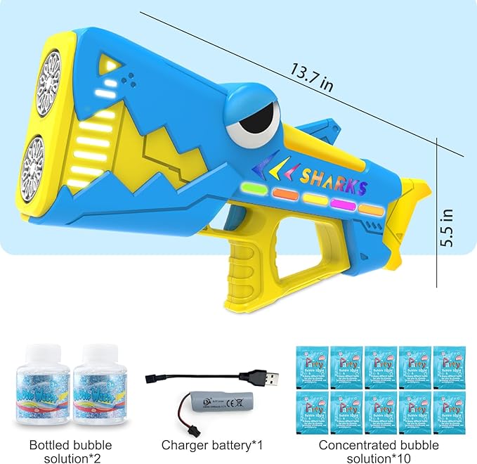 Bubble Gun for Kids Ages 4-8: Shark Light Up Bubble Machine for Toddlers, Rechargeable, 2 Bubble Solution, Outdoor Toy Party Birthday Gift for 3 4 5 6 7 8 Year Old