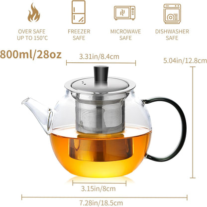 28OZ Glass Teapot with Infuser Stovetop Safe, 800ml Borosilicate Glass Kettle Tea Pot with Infusers tea infuser pot for loose leaf tea, tea Maker brewer, Dishwasher Safe, tetera para te (Clear)