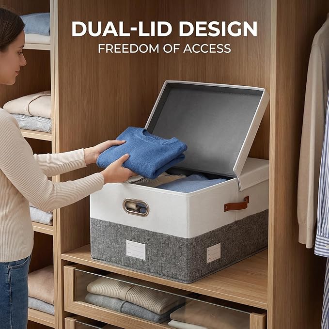 PRANDOM Storage Bins with Lids [3-Pack] Linen Fabric Foldable Storage Boxes Organizer Containers Baskets Cube with Cover for Bedroom Closet Office Grey&White (23.4X15.9X11.4)