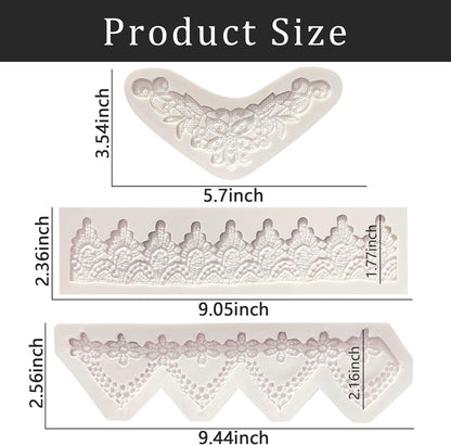 Lace Fondant Mold Set of 3, Edible Lace border Cake Decorating Imprint Mat Silicone Molds for Wedding, Valentine's Day, Chocolate, Cupcake, Cookies