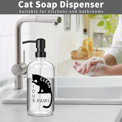 Black Cat Soap Dispenser 17 oz Clear Glass Hand Soap Bottle with 304 Stainless Steel Pump for Bathroom or Kitchen Countertop Cat Lover Gift Idea