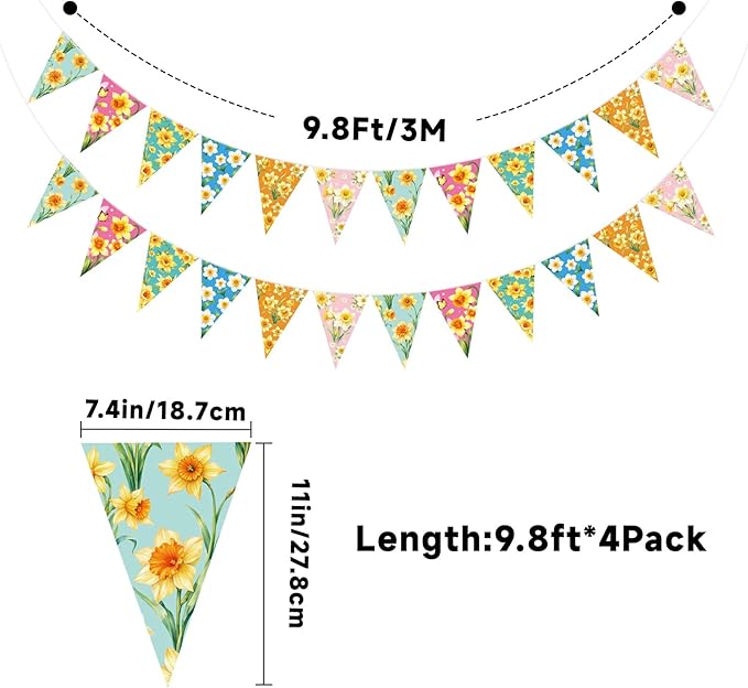 jijAcraft 4 Pack Spring Floral Bunting Banners - Pre-Strung Daffodil Flower Triangle Pennant Banner, Daffodil Spring Party Decorations for St David's Day March Birth Flower Spring Baby Shower Decor