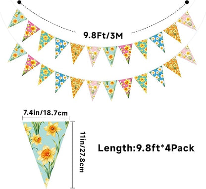 jijAcraft 4 Pack Spring Floral Bunting Banners - Pre-Strung Daffodil Flower Triangle Pennant Banner, Daffodil Spring Party Decorations for St David's Day March Birth Flower Spring Baby Shower Decor