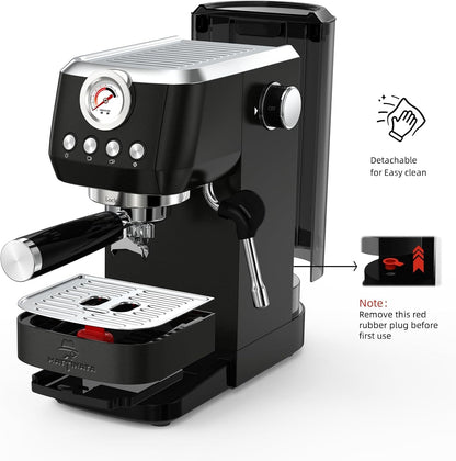 MAttinata 1663L Espresso Machine 20 Bar, 10mm Steam Wand for Milk Frother | Pressure Gauge, Italian Pump Coffee Maker, PID Smart Control, Compact Cappuccino Machine, Latte Art, Stainless Steel, Black