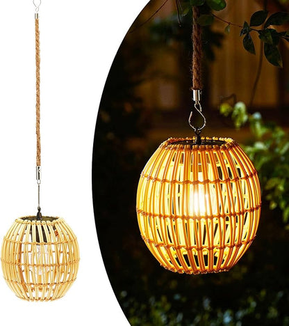 Livinlarge Hanging Solar Lantern Outdoor Waterproof, Large Solar Rattan Lantern Outdoor with Twine Handle, Bright Outdoors Hanging Lights with Edison Bulb for Garden Patio Yard Decoration