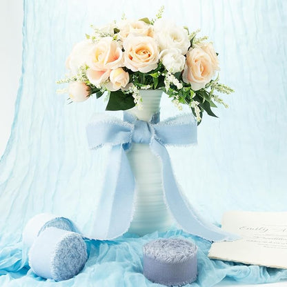 Blue Cotton Ribbon 1 Inch Dusty Blue, Baby Blue & Ice Blue 3 Rolls 21 Yards Frayed Edge Fabric Set for Baby Shower, Nursery Decor, Wedding Invitations, Gift Wrapping & DIY Crafts