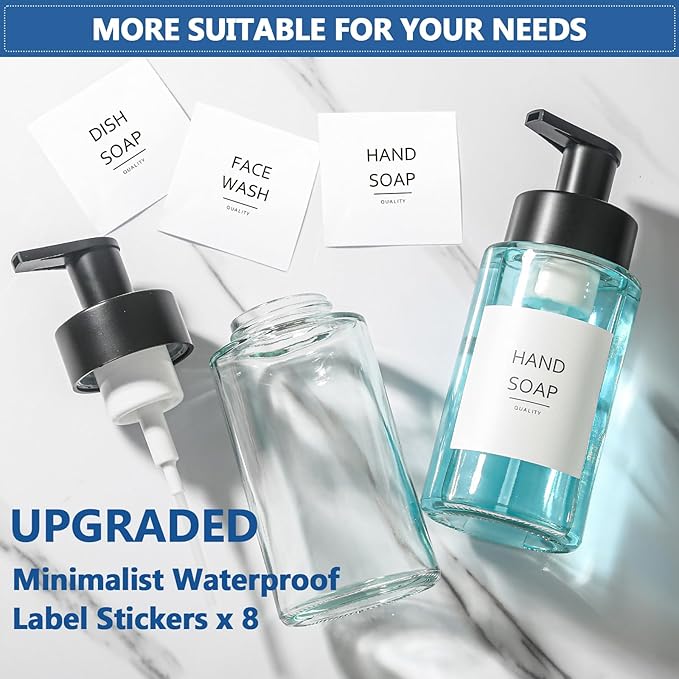 RYTOXILO Foaming Soap Dispenser, 10 oz/300ml Foaming Hand Soap Dispenser, 4 Pack Glass Dispenser for Bathroom & Kitchen, Clear Refillable Foam Dispenser Bottle with Waterproof Labels