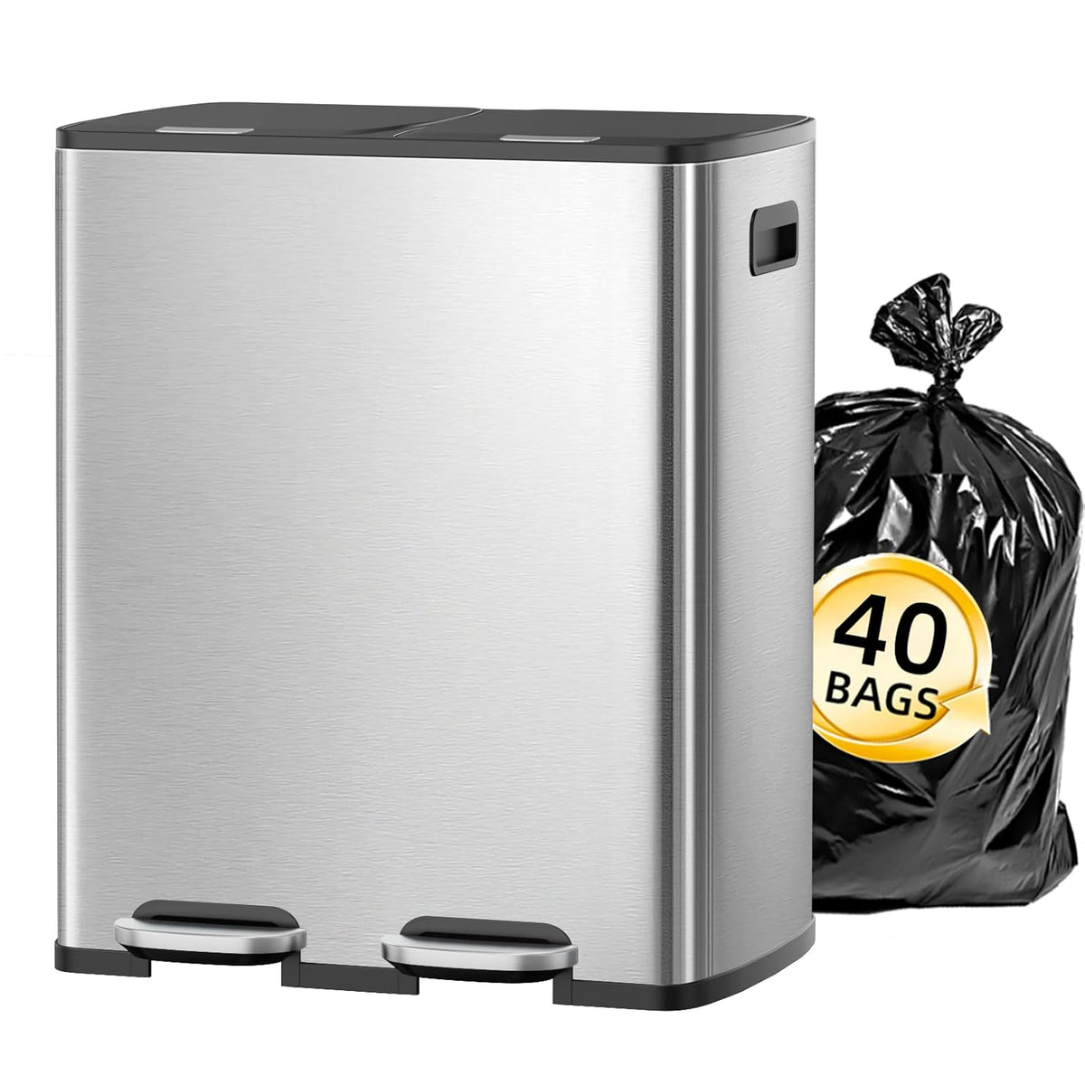 KUK 60 Liter / 16 Gallon Dual Trash Can with Lid, Stainless Steel Kitchen Step Garbage Can, 2 x 8 Gal Double Compartment Classified Rubbish Bin with 2 Plastic Inner Buckets Silver