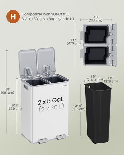 SONGMICS Trash Can, 2 x 8 Gallon (2 x 30 L) Dual-Compartment Garbage Can with Soft-Close Lid, Pedal and Inner Buckets, Stainless Steel, Includes 15 Liner Bags, Matte White ULTB741W01