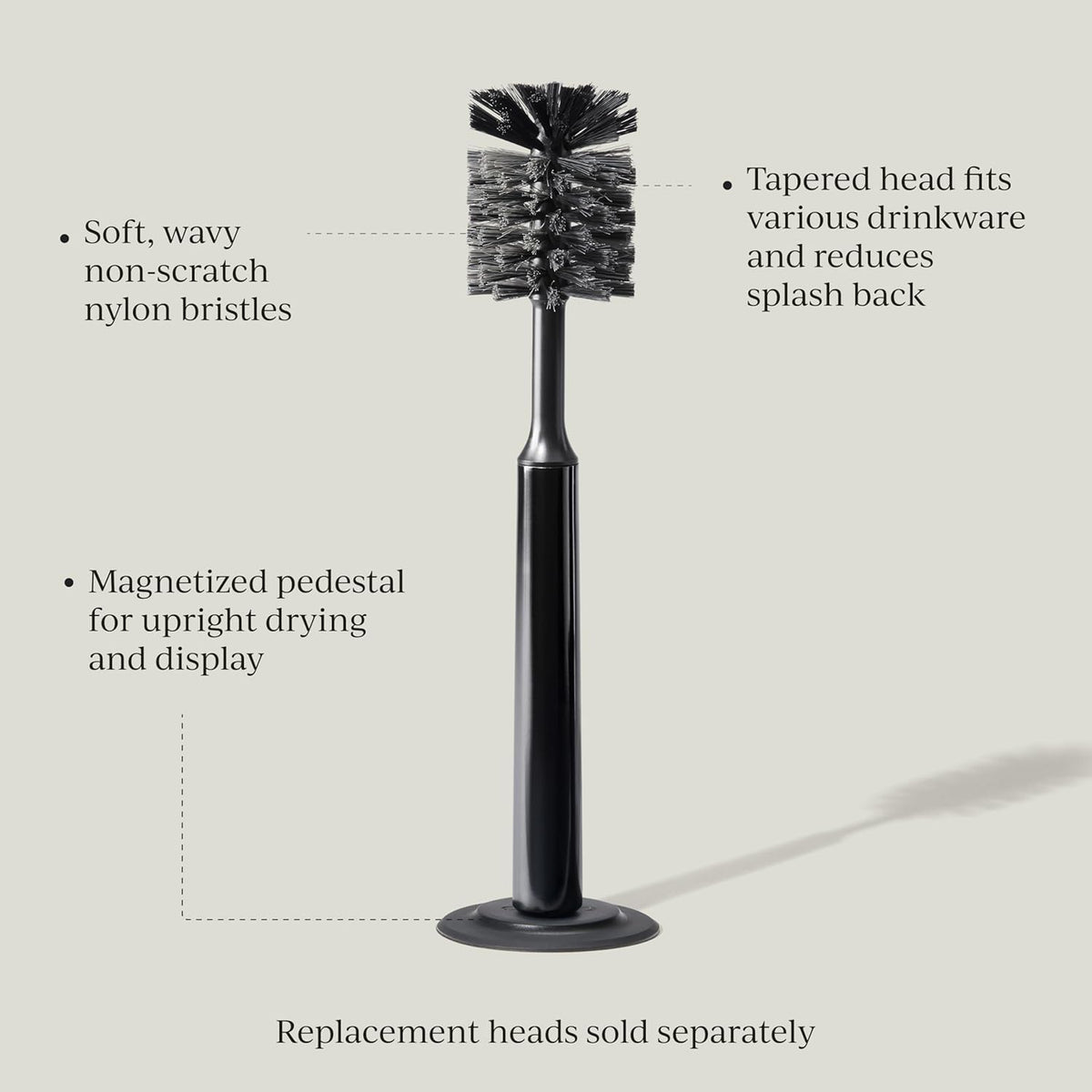 Ionic Bottle Brush, Magnetized to Stand Upright, Stainless Steel with Replaceable Head, Onyx/Black