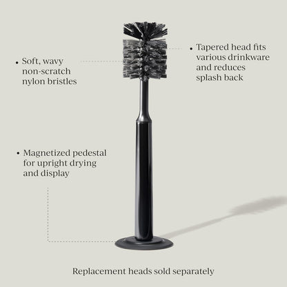 Ionic Bottle Brush, Magnetized to Stand Upright, Stainless Steel with Replaceable Head, Onyx/Black