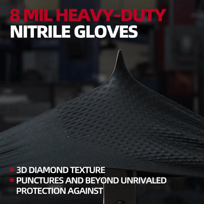 Jointown Basic Heavy Duty Nitrile Gloves, Mechanic Gloves 8 Mil Nitrile Disposable, with Raised Diamond Texture, Case of 500, Black, Medium