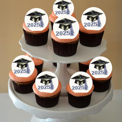 Gyufise 48Pcs Edible 2025 Graduation Cap Cupcake Toppers Wafer Paper Class of 2025 Grad Cap Cupcake Picks for 2025 Graduation Theme Party Cake Decorations Supplies Purple
