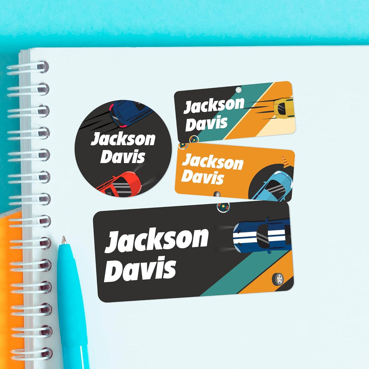 Personalized Name Tag Stickers for Kids (130+ Pack) | Car Waterproof Labels for School Supplies, Bottles & Lunch Boxes | Custom Vinyl Name Labels for Clothing, Toys & More (E. Cars)