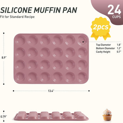 2 Pack 24 Cups Mini Muffin Pan with Metal Reinforced Frame Silicone Molds Cake Pans Egg Bites Silicone Circle Cookie Molds Muffin Tin Tart Pans Non