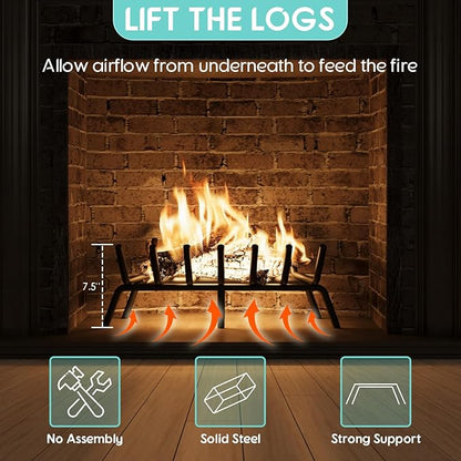 21-Inch Fireplace Grate, Heavy Duty 7-Bar Log Rack Holder Made of Solid Round Steel for Indoor/Outdoor Fire Pits, Wood Stoves & Kindling Tools