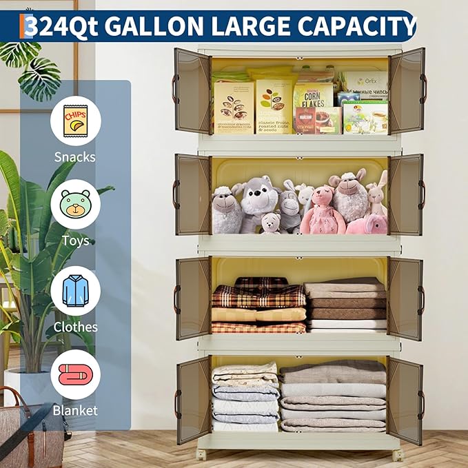GarveeHome 324QT Stackable Storage Bins, Folding Storage Box with Magnetic Doors & Wheels, Loset Organizers and Storage with Lids, Collapsible Plastic Drawers for Bedroom Kitchen Office, White