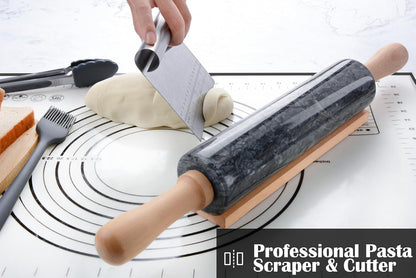 Marble Rolling Pin Set with Silicone Pastry Mat,Pastry Brush,Cooking Tongs,Stainless Steel Scraper18.5 inch Polished Non-Stick Roller for Pizza Dough