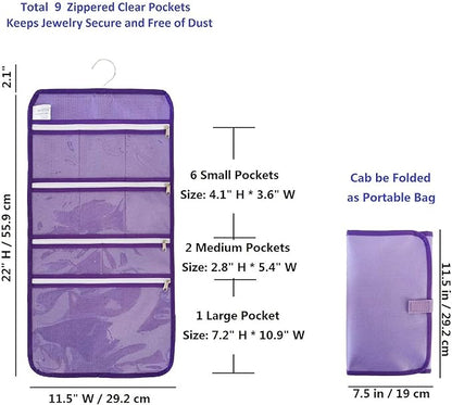 Travel Foldable Jewelry Rolls Bag Hanging Jewelry Organizer with 9 Zippered Clear Pockets Storage Pouch with Rotatable Hanger (PURPLE)