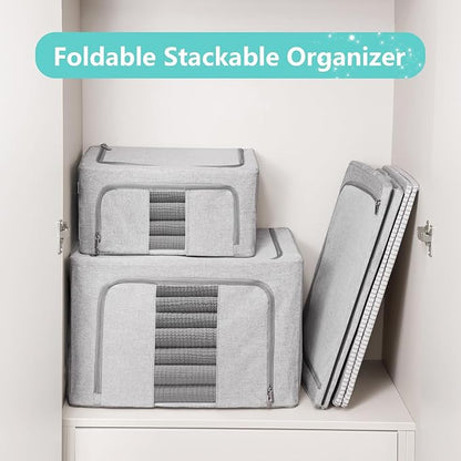 3 Pack Clothes Storage Bins, Foldable Metal Frame Storage Box with Lids,Stackable Linen Fabric Organizer Set with Carrying Handles,Zippers,and Clear Window (Grey, 66L)